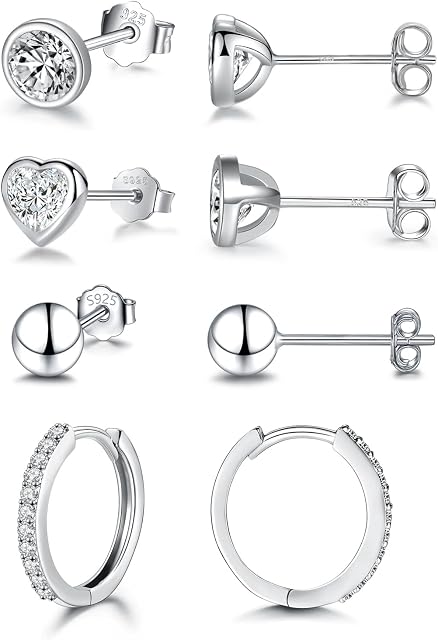 SAKUNALA 925 Sterling Silver Stud Earrings for Women Girls, Hypoallergenic Silver Hoop Earrings and Stud Earrings Set, Small Cartilage Cubic Zirconia Hoops Earrings, Earring Set for Multiple Piercings