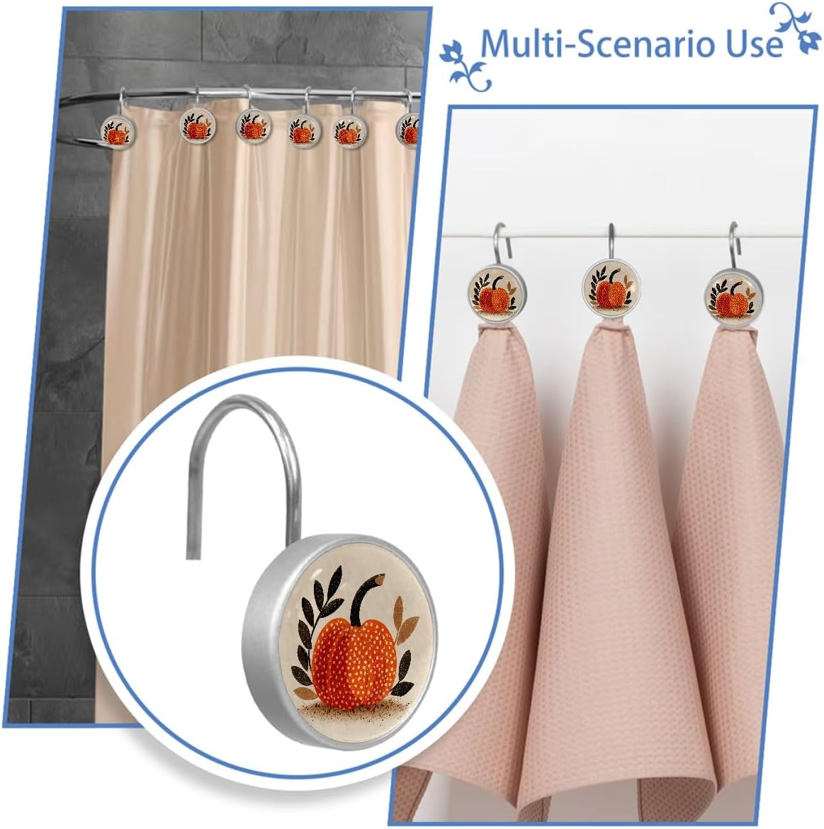 Pumpkin Shower Curtain Hooks, Cute 12Pcs Decorative Bath Shower Curtain Rings for Shower Curtain Rods, Crystal Glass Curtain Hooks for Bathroom, Bedroom, Farmhouse