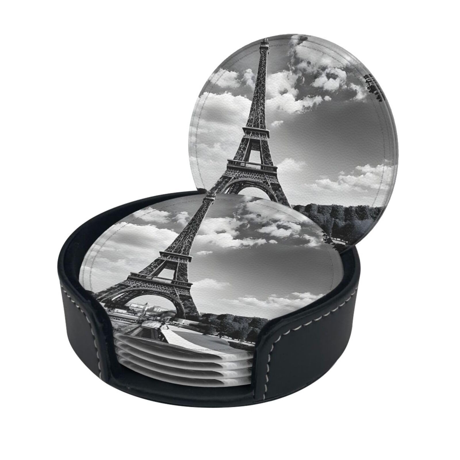 Eiffel Tower Pattern Print Coaster,Round Leather Coasters with Storage Box for Wine Mugs,Cold Drinks and Cups Tabletop Protection (6 Piece)
