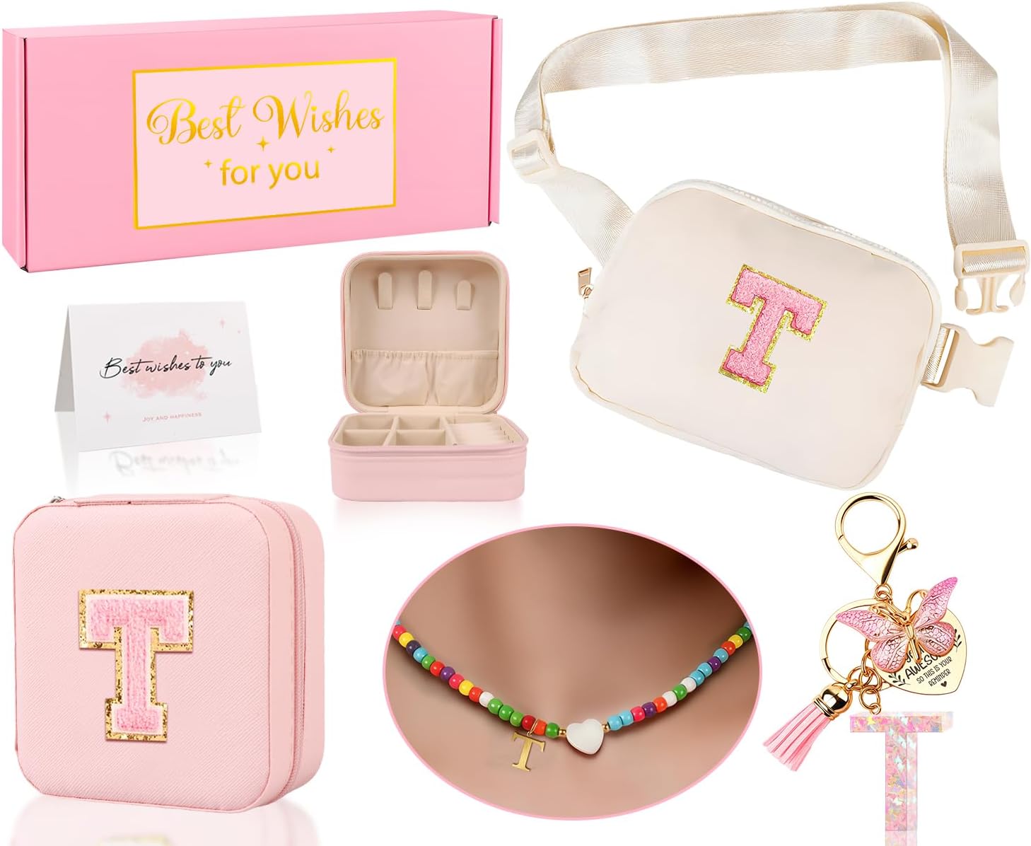 Funny Pack for Grandkids Teen Girls Gift, Birthday Gifts for 4 5 6 7 8 9 10 11 12 13 Year Old Girls, Initial Fanny Pack, Teen Girl Gift Trendy Stuff Crossbody Bag Set for Teens, Back To School, T