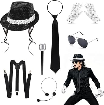 MJ Costume Accessories Adults Disco Costume Set 80s Dancer Rocker Star Cosplay Fancy Dress Accessories with Jazz Sequin Hat GloveTie King of Pop Fancy Dress Set for 80 Theme Party Carnival Dance Party