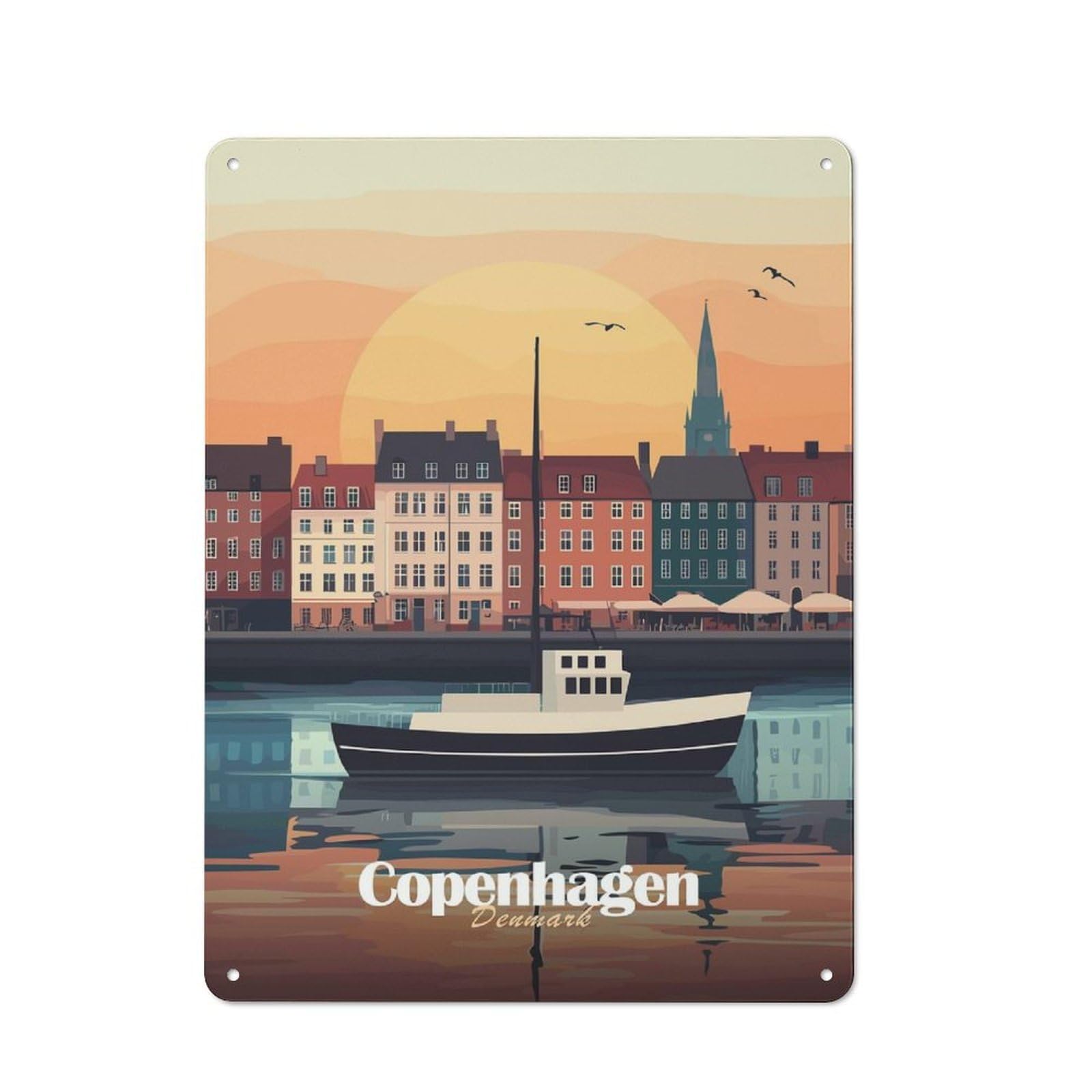 Junmoney Style-11 Old Style Copenhagen Sunset Cityscape Metal Sign 40X30cm, Bar Wall Plaque For Diner, Restaurant, Shed Or Kitchen
