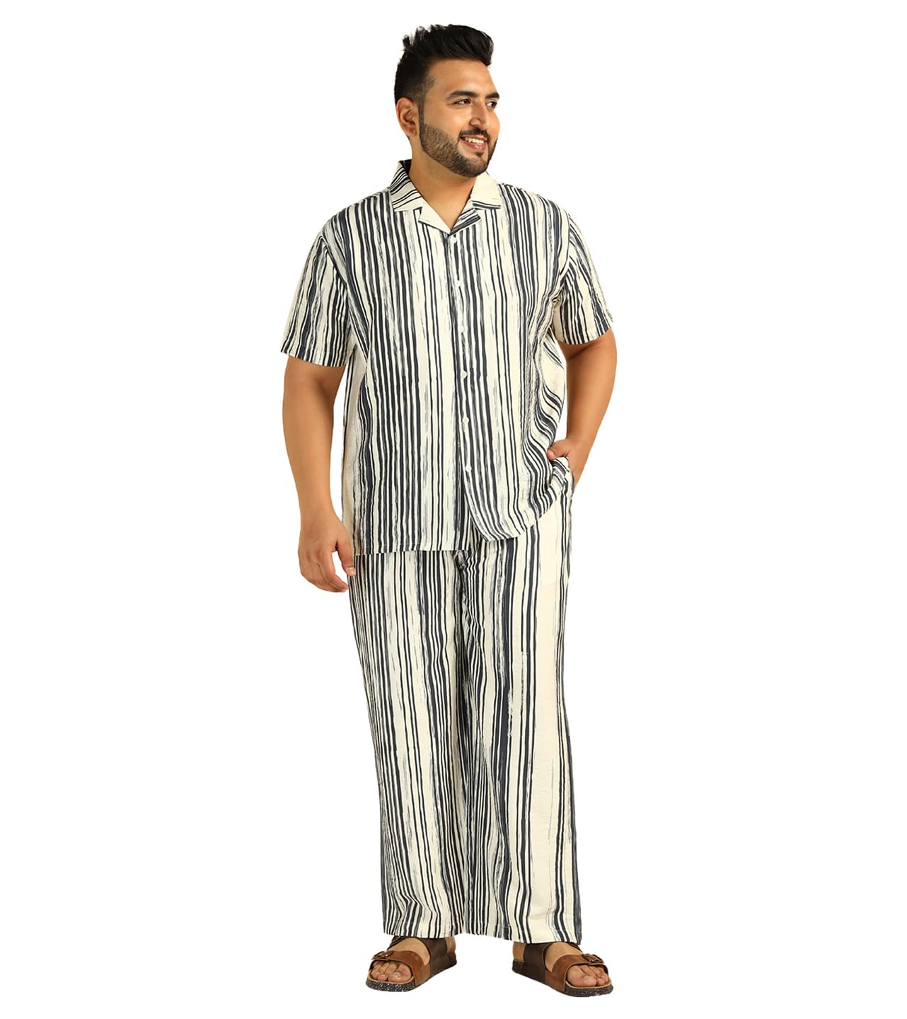 Men's Striped Nylon Shirt with Bell Bottom Pant Cord Set|Mens Kurta Pajama Set|Plus Size Co ords for Men Fashion|Beach Casual Wear|Two Piece|Notch Collar|Half Sleeve(Multi-Colour)-image-1