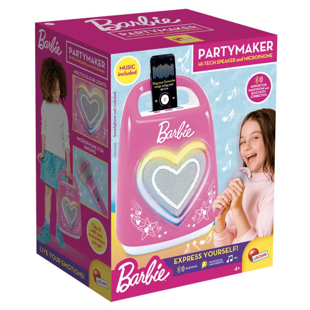 Lisciani - BARBIE PARTYMAKER - Altavoz y Micrófono High Tech - Karaoke para Niños a partir de 4 años - Micrófono y Altavoz Bluetooth - Conectividad con Smartphone - Efectos de luz - Música y Fiesta