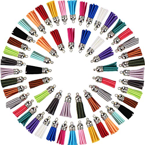 Rmeet Pingentes de borlas, 100 pack mini borla de couro com boné para fazer artesanato de porta-chaves fabricação de jóias de 40 mm cores sortidas