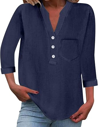 3/4 Sleeve Linen Tops for Women Loose Fit V Neck Button Down Henley Shirts Cute Summer Beach Tee Shirts with Pocket