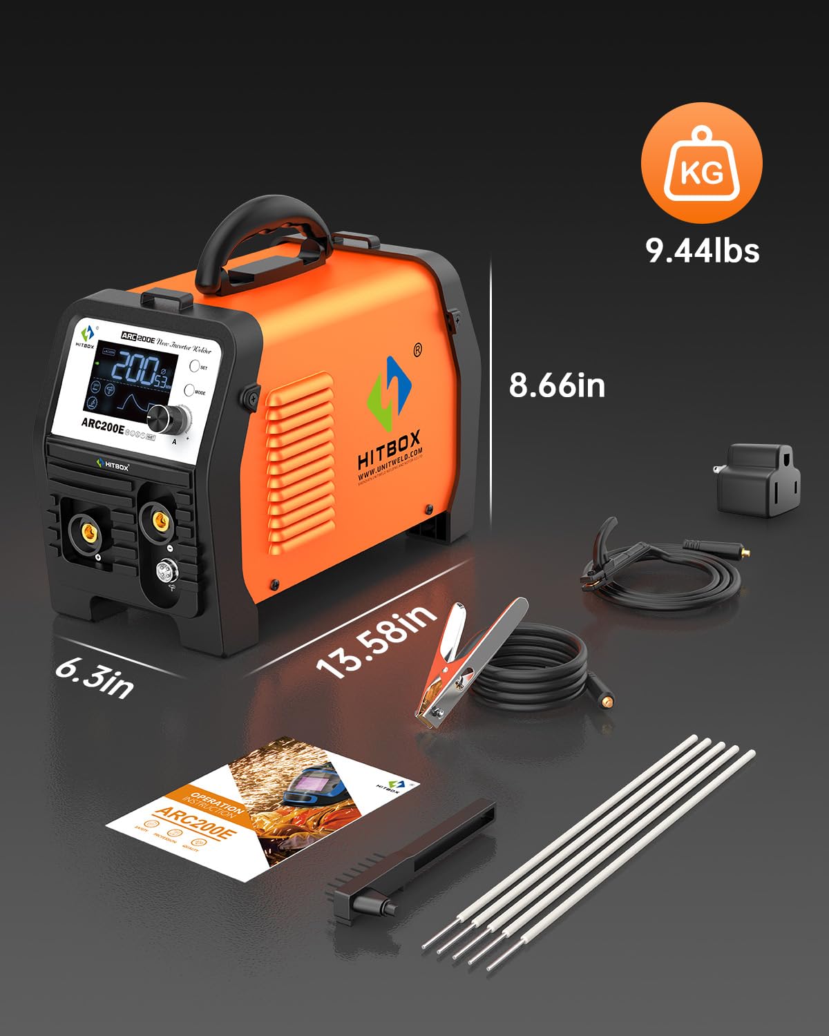 HITBOX ARC200E Soldador Inverter 200A, maquina de soldar electrodo IGBT DC MMA/Lift TIG, MIG con hilo tubular compatible, control sinérgico, Hot Start, Anti-Stick, 230V con pantalla TFT-LCD