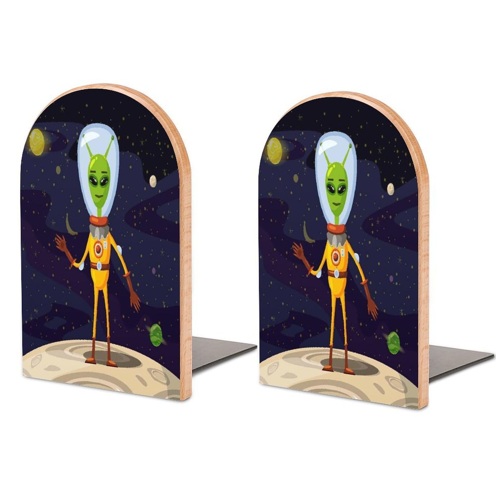 UFO Cartoon of Funny Creature in Spacesuit Standing on The Moon and Space Backdrop Beech Wood Bookends Heavy Duty Book Organizers Desktop File Holder for Office Home Bookshelf