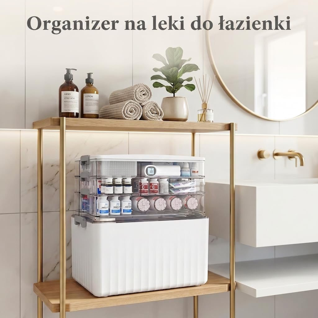 Lifewit Przenośna Apteczka, Pojemnik na Leki z Uchwytem na Butelki o Wysokości do 18 cm, Organizer na Leki do Domu, Biura, Szkoły, 4 Poziomy, Pudełkiem na Leki