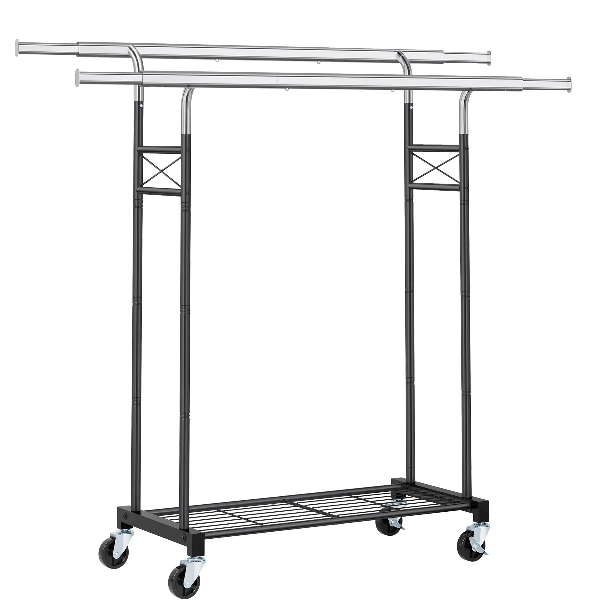 FAVOOSTY Burro ropa con ruedas y 2 niveles, Perchero móvil y estable, Ajustable perchero metálico, Con capacidad de carga de hasta 90 kg, Negro