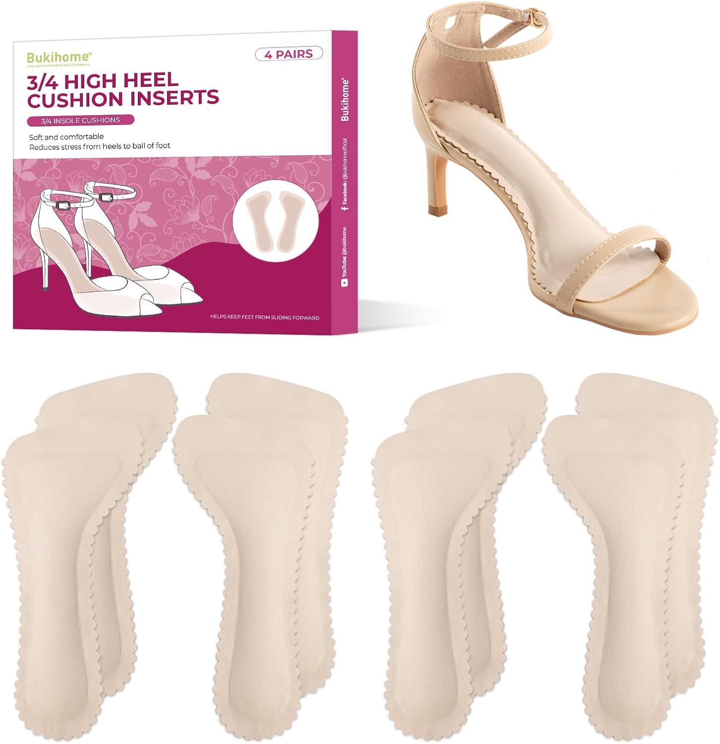 High Heel Cushion Inserts for Women - Bukihome 3/4 Invisible Insoles Prevent Feet from Sliding Forward - Shock & Sweat Absorption - Comfort Shoe Pads for High Heels Sandals Flats,Size M