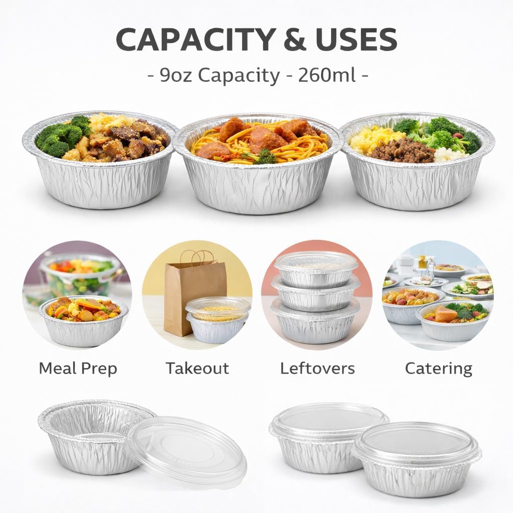 Jijukor [50 Pack] 5 Inch Mini Aluminum Foil Cake Pans with Lids, 9oz Small Round Disposable Baking Cups, Oven & Air Fryer Safe Foil Tins for Dessert, Individual Pot Pie, Meal Prep