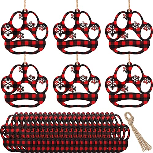 24 Pieces Christmas Dog Paw Wooden Ornaments Christmas Wooden Dog Paw Hanging Ornaments Memorial Dog Snowflake Ornament for Christmas Tree Decoration with Ropes (Plaid Wood Style)