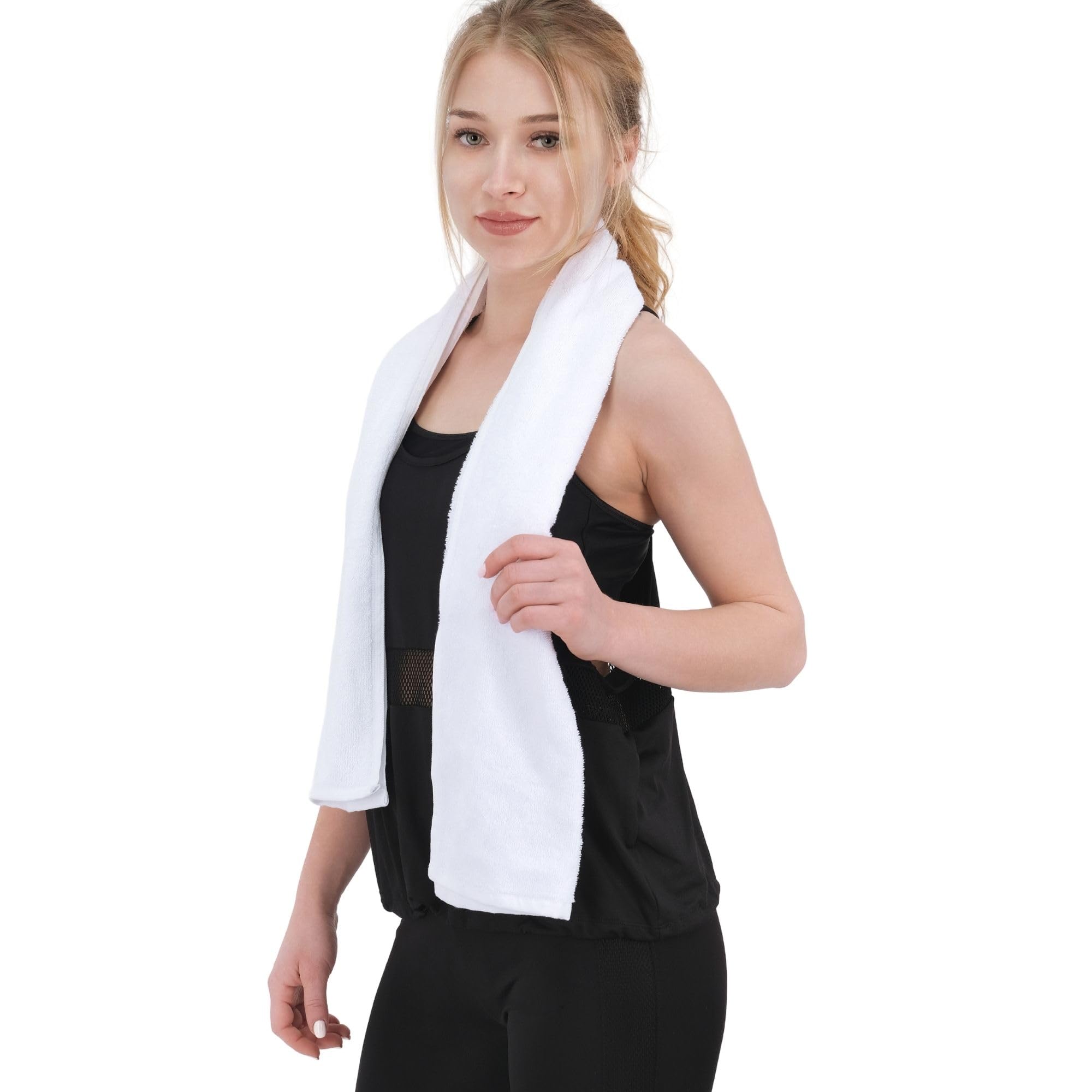 Sports Towel - Double Pack (2 Pieces), 12"x51", White, 100% Cotton - Oeko-Tex Certified, Very Absorbent and Quick-Drying, for Fitness, Gym and Yoga