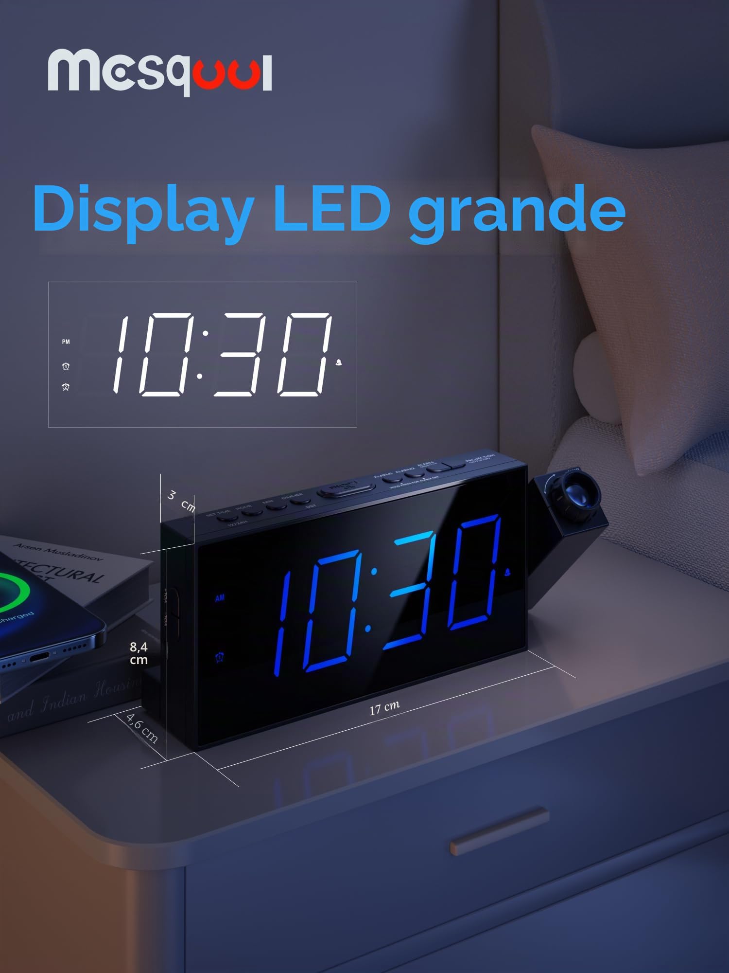 Sveglia di proiezione, display digitale da 7 pollici, doppio allarme, porta USB, volume di allarme regolabile, snooze, 12/24, backup batteria per camera da letto, soffitto, parete, casa, bambini,