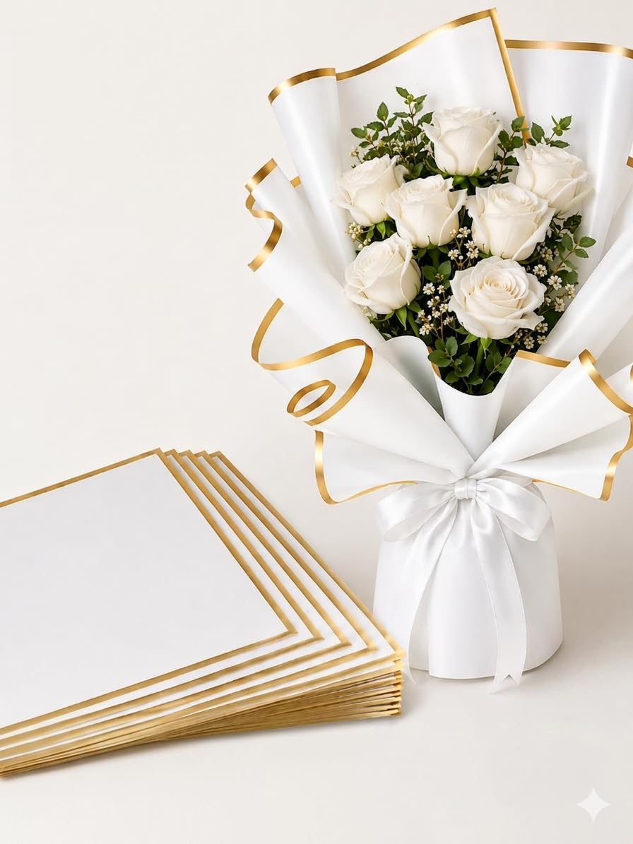 Kuwer - 10 Sheets Korean Style Waterproof Premium Bouquet Wrapping Sheet (58cm x 58cm) | Golden Border Line Flower Wrapping Paper | Waterproof and Thick, elegant packaging for bouquet, and Gift Wrap - White-image-26