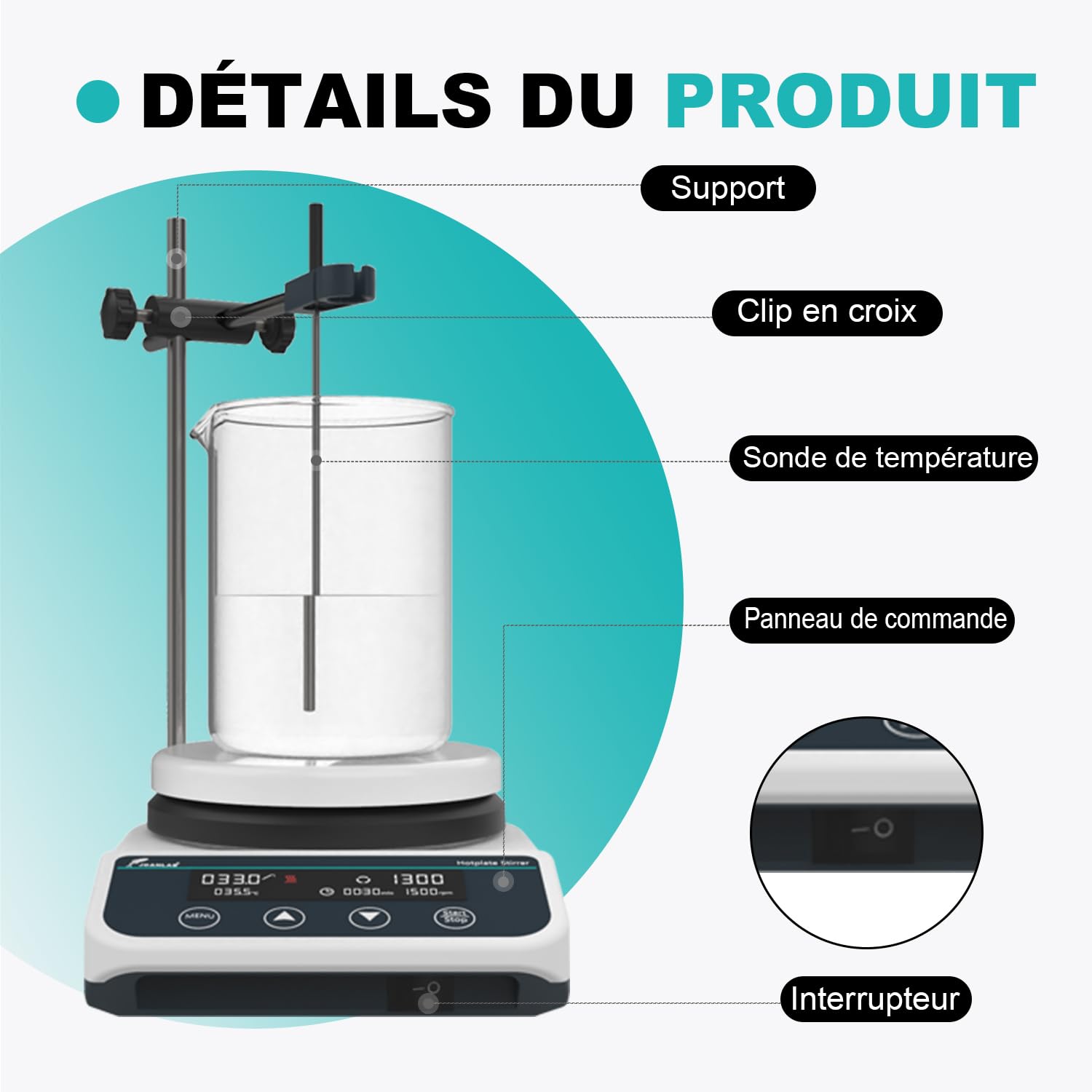 JOANLAB Agitateur Magnétique avec Plaque Chauffante, 310°C, Plaque Chauffante Céramique 5 Pouces, Mélangeur Magnétique Numérique avec Minuterie, 50-1500 tr/min, 3L, Sonde de Température et Barreau