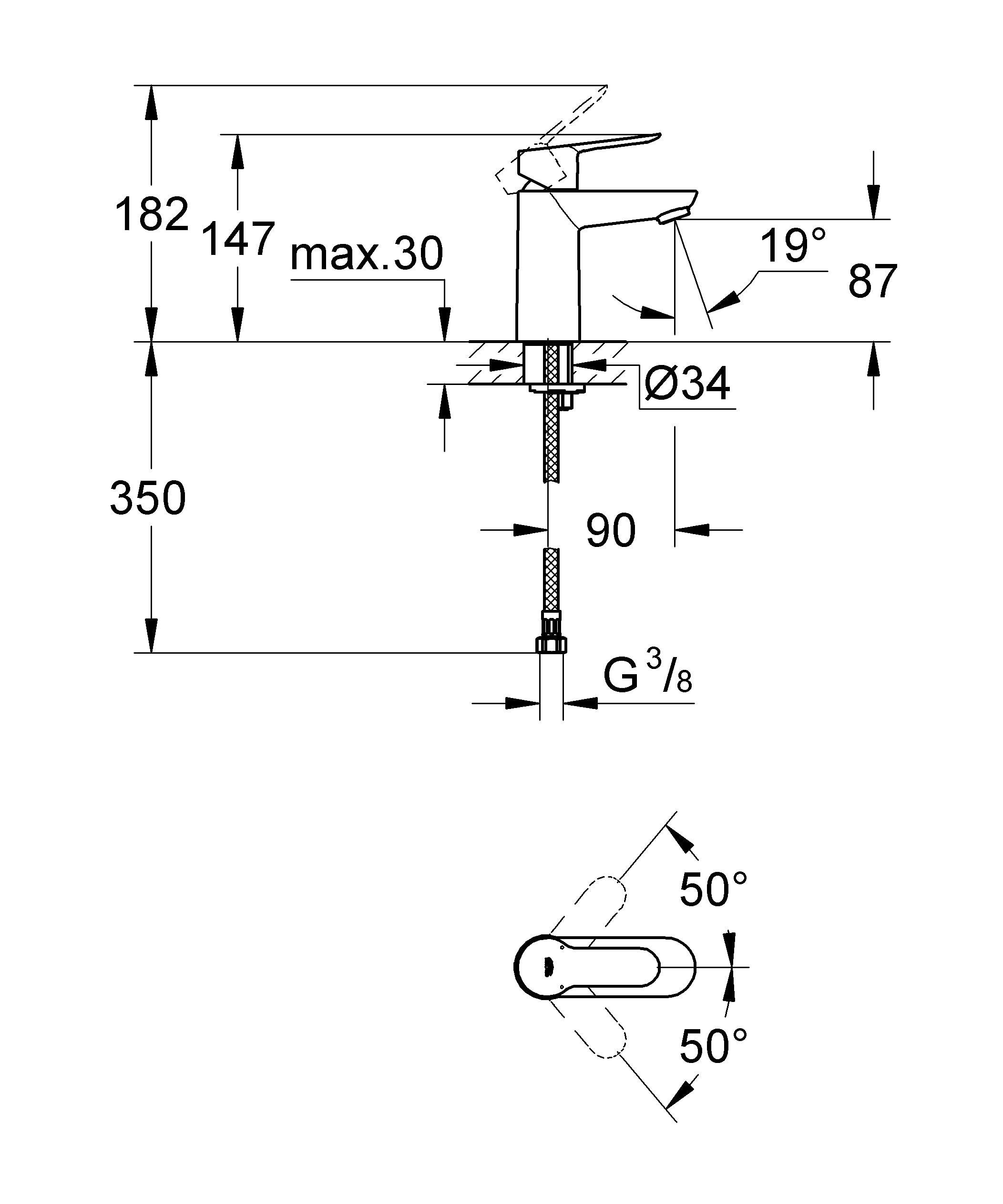 Grohe Start Edge- Grifo de lavabo monomando (vaciador automático, menor consumo de agua, instalación rápida, altura 147mm), cromo, 23344000