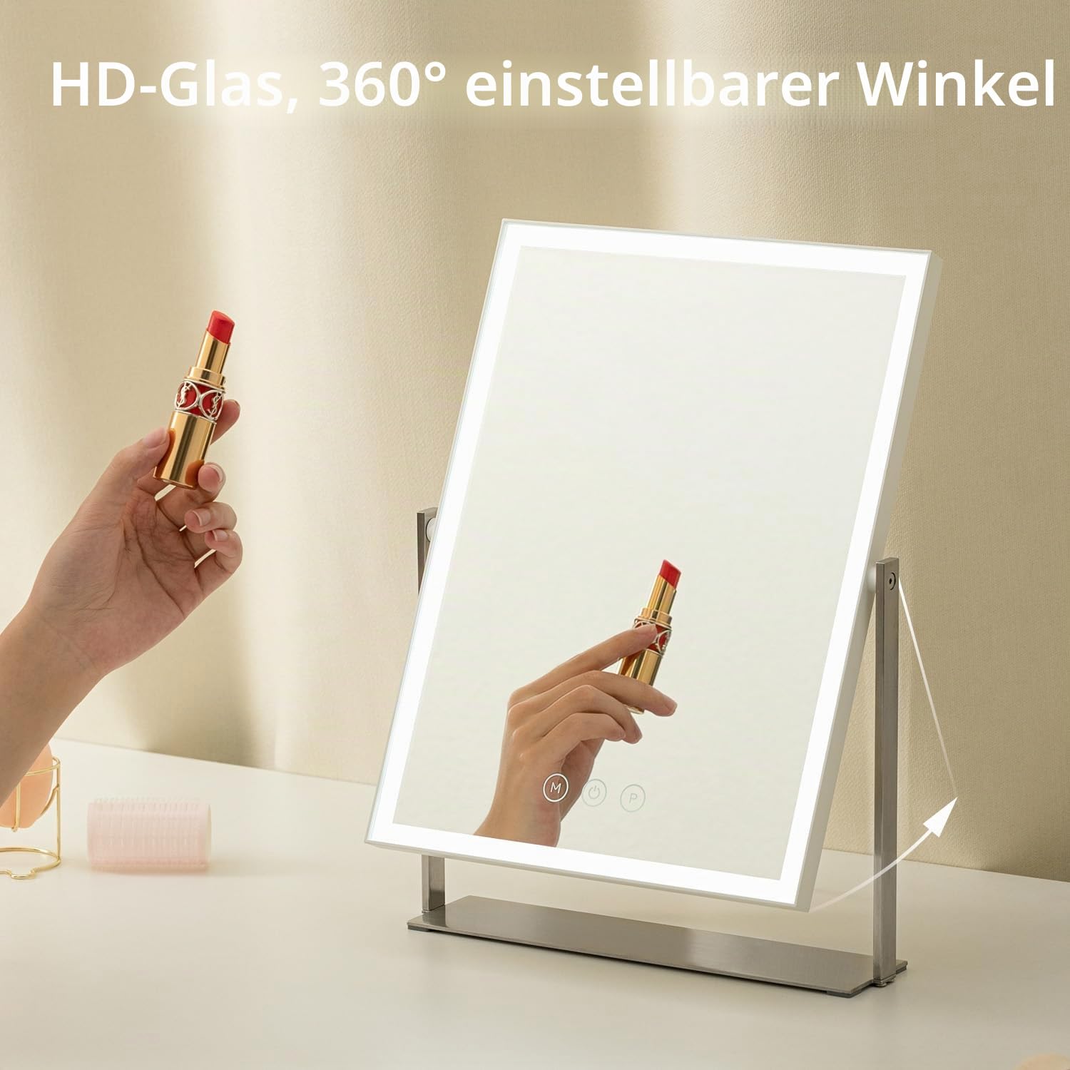NEZZOE Wiederaufladbarer Schminkspiegel mit Beleuchtung, 3 Farbmodi, LED Makeup Spiegel mit 360° Drehung, Metallständer, 35cm rechteckiger Kosmetikspiegel mit Beleuchtung, Tischspiegel