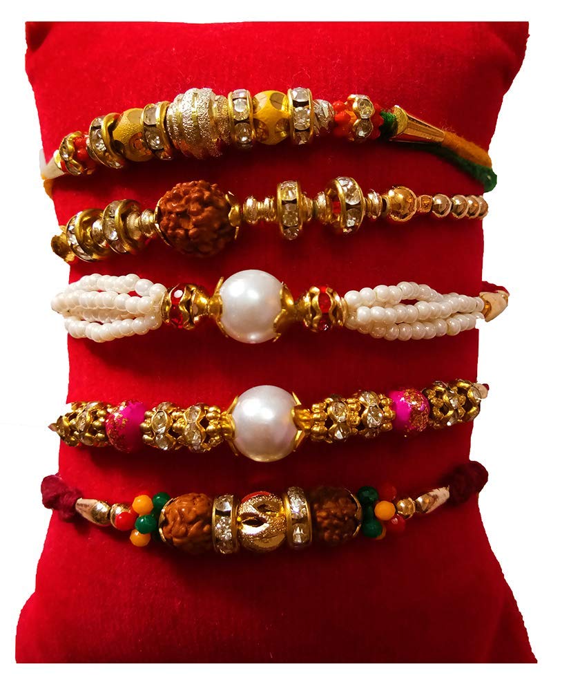 Oddclick Magpie Document Bag Magpie Different Pattern Pearl Beads Rudraksha Ric Rakhi Set With Roli Chawal For Men Brother Bhaiya Bhabhi (Multicolour) – Pack Of 5 Rakhis