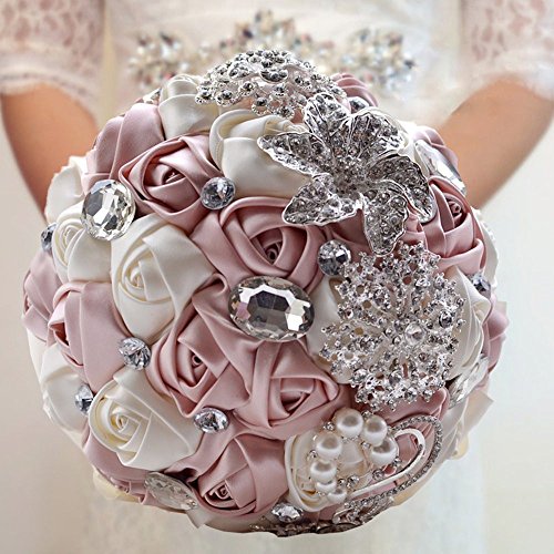 Fouriding - Bouquet da sposa, di lusso, con rose e nastro, con perline strass Rose1