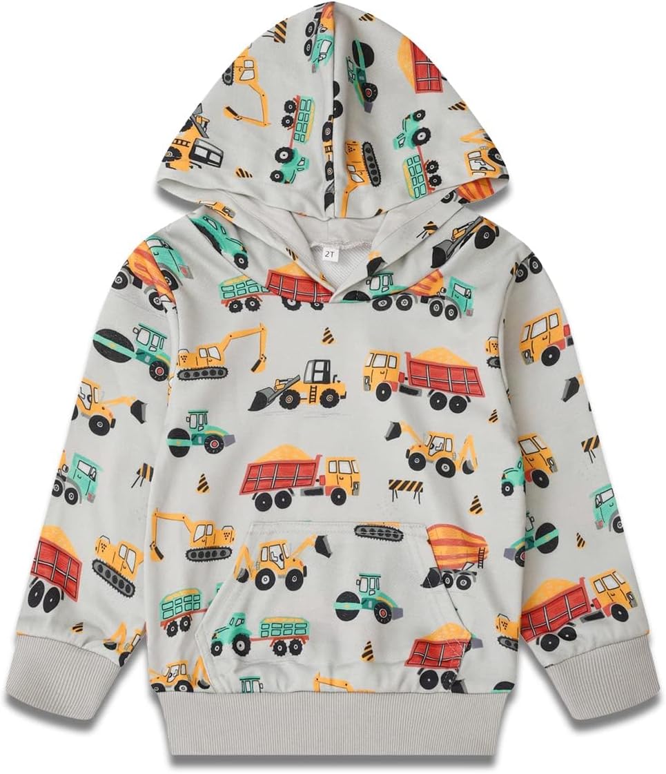 Toddler Boy Hoodie Sweatshirt - Pullover Dinosaur Long Sleeve Shirt Fire Truck Print Kids Winter Clothes 2T-7T