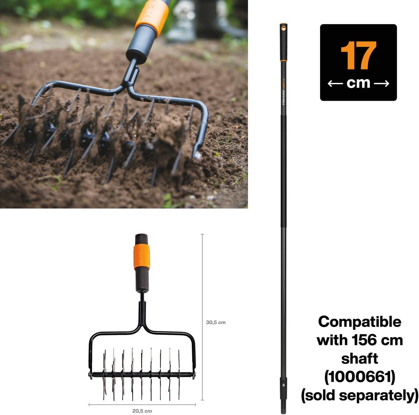 Fiskars Star Tiller, Tool Head, Width: 17 cm, Steel, Black/Orange, QuikFit, 1000689