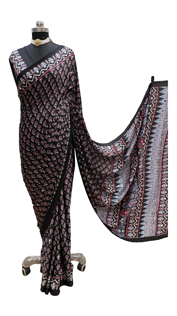 DC ELEMENTS Women Modal Satin Ajrakh Print Saree Real Mirror Work Indian Traditional Ethnic Sari With Unstitched Blouse Piece