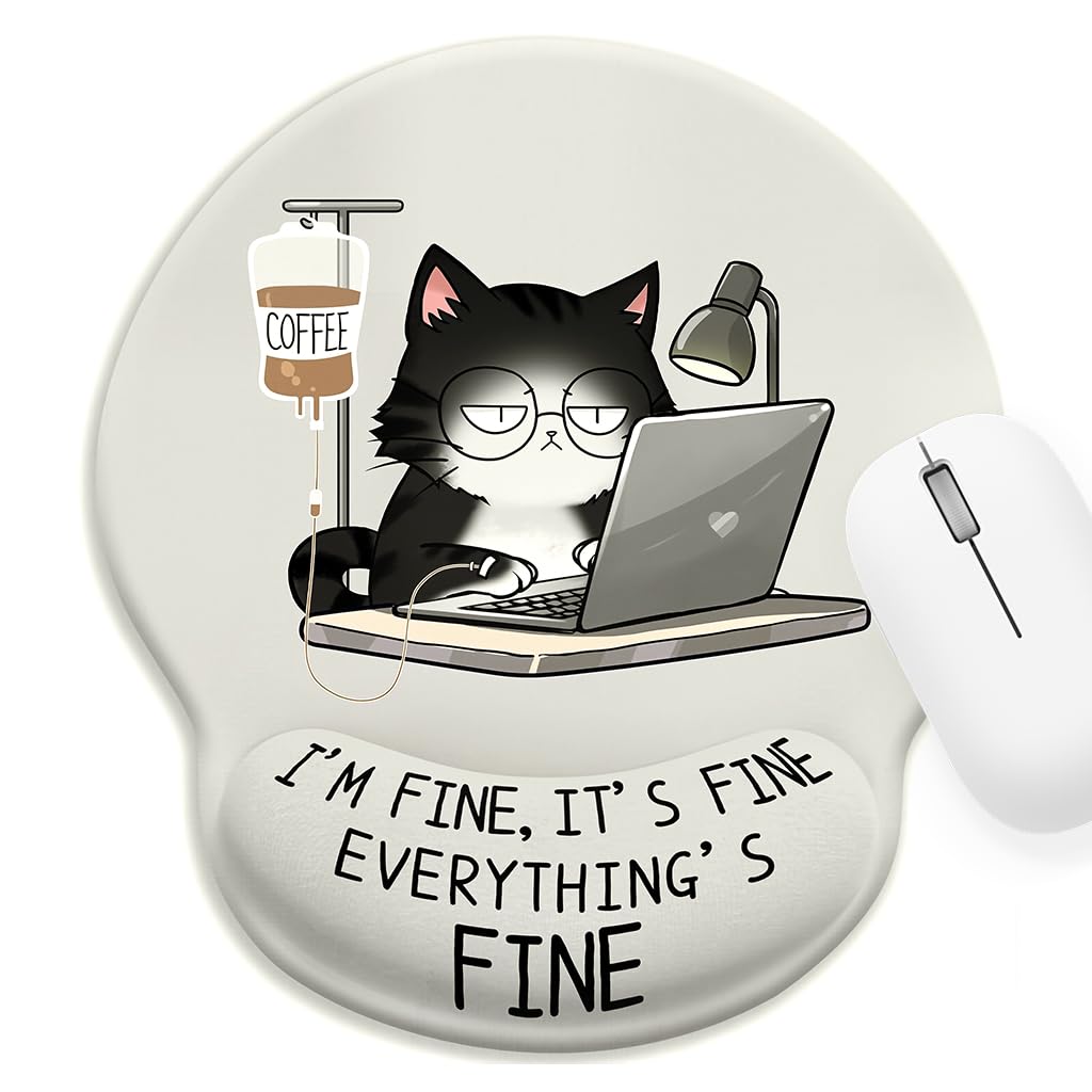 ZORBES® Mouse Pad with Wrist Support, Funny Cat Ergonomic Mouse Pad with Wrist Support I'm Fine Motivational Memo Design, Soft Gel Rest, Non-Slip Mouse Mat for Office & Home-image-2
