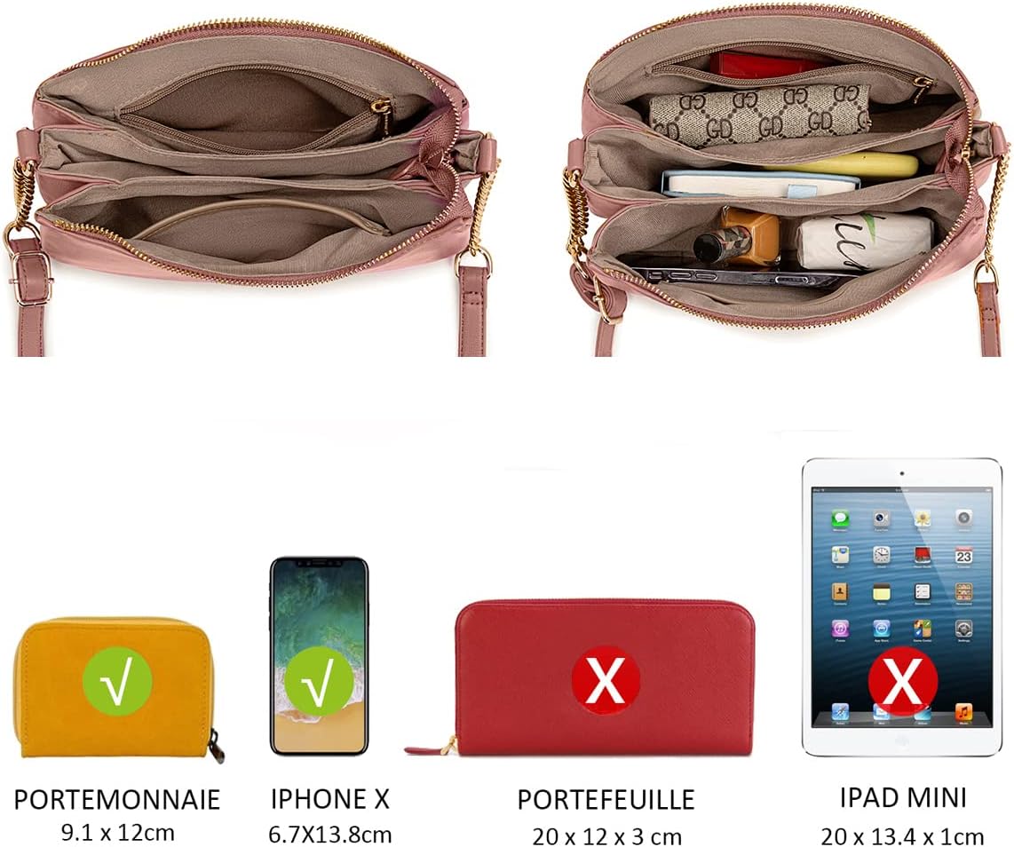 David Jones - Kleine schoudertas met meerdere vakken voor dames - handtas gedragen schouder kunstleer - tas kettingen 3 kruisjes met meerdere vakken - Stad, avond, telefoon, Roze, Eén maat