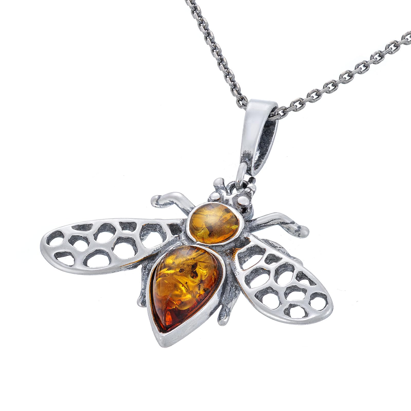 Collar de mujer Bee 2 con ámbar, plata de ley oxidada, ámbar báltico en color coñac, colgante de plata con cadena, Plata esterlina, Ámbar