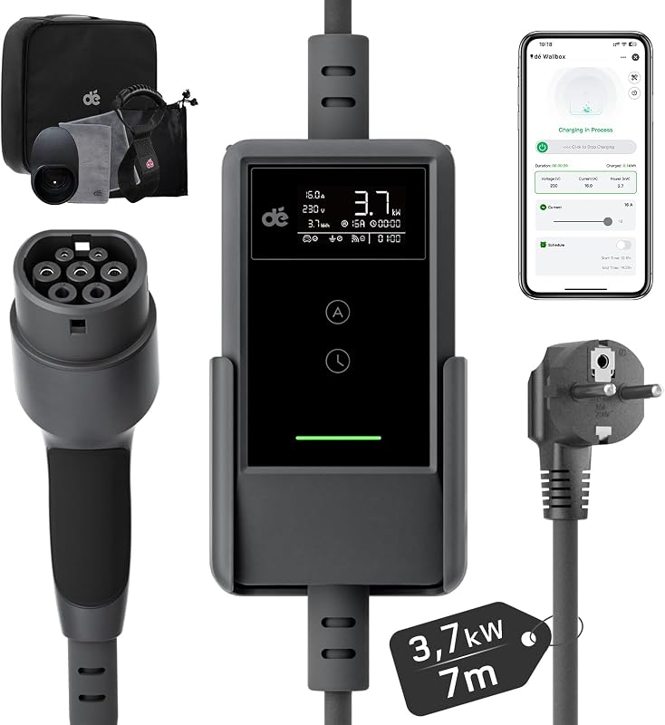dé Chargeur Voiture Electrique APP 3,7kW [7m, 6/8/10/13/16A] Cable Recharge Voiture Electrique Type 2 avec Support Mural, Numérique LCD, Compatible avec E-208, Model Y, E-Tech, 500e et Autres EV/PHEV