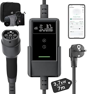 dé Chargeur Voiture Electrique APP 3,7kW [7m, 6/8/10/13/16A] Cable Recharge Voiture Electrique Type 2 avec Support Mural, Numérique LCD, Compatible avec E-208, Model Y, E-Tech, 500e et Autres EV/PHEV