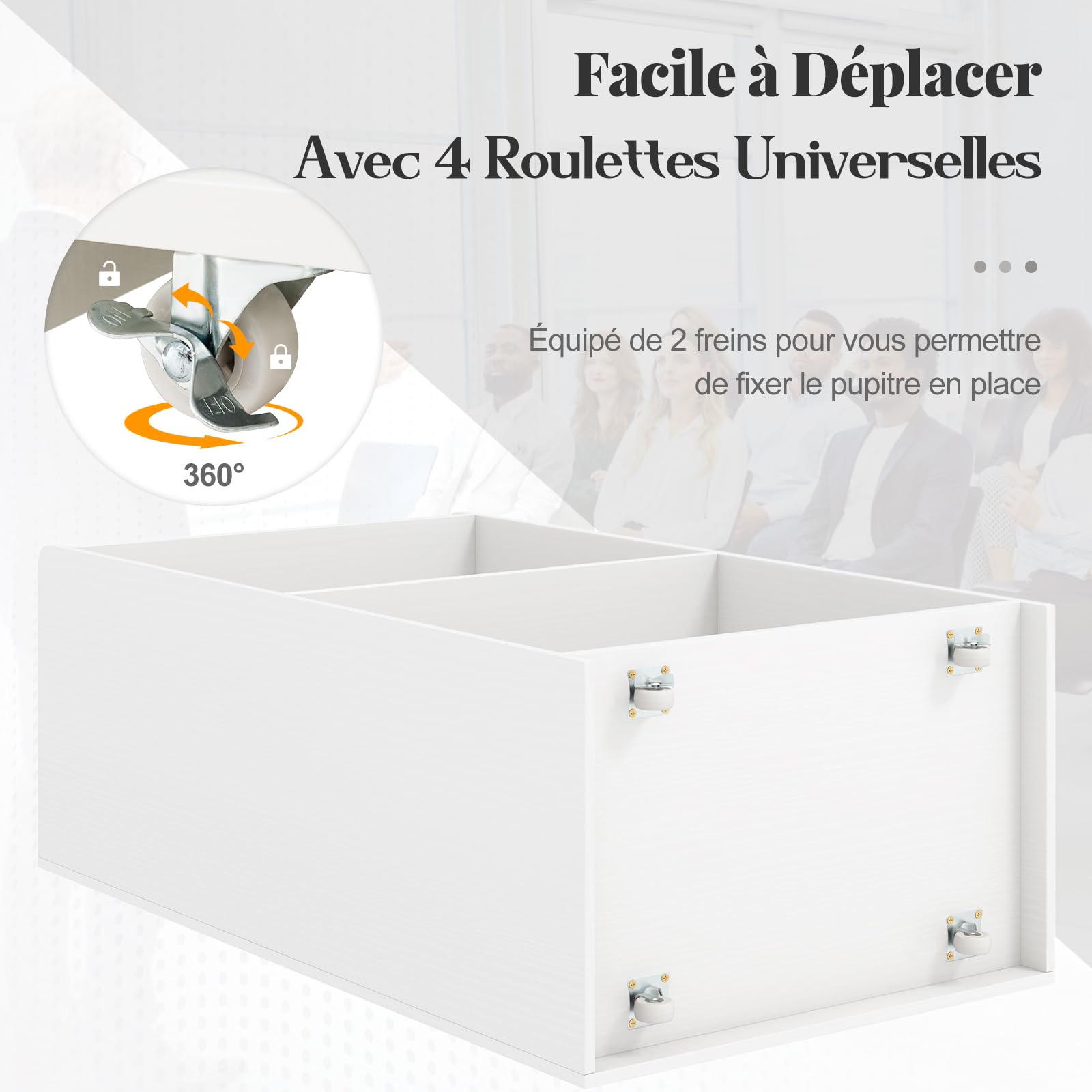 COSTWAY Podium Debout en Bois Roulant, Pupitre avec 2 Étagères, Podium Portable avec roulettes, Comptoir d'accueil, Roues Verrouillables, pour Église, Bureau, École, Conférence (Blanc)