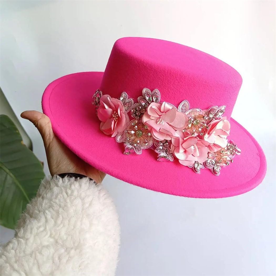 Women's Fedora Hat Rhinestone Flower Band Wide Brim Wedding Party Church Headwear