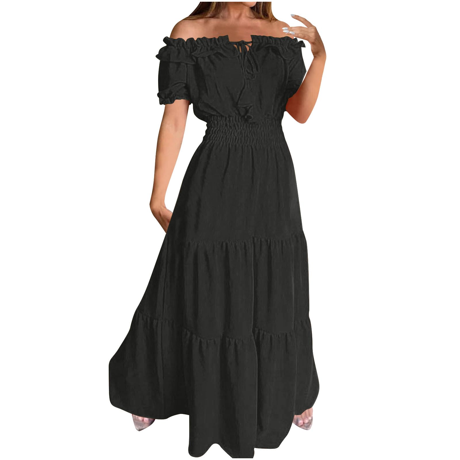 AMhomely Off Shoulder Summer Dresses for Women UK-Elegant Shirred Dress,Bubble Short Sleeve,Drawstring Tunic Maxi Dresses,Boho Casual Beach Dress,Holiday Long Sundress A-Line A Black L