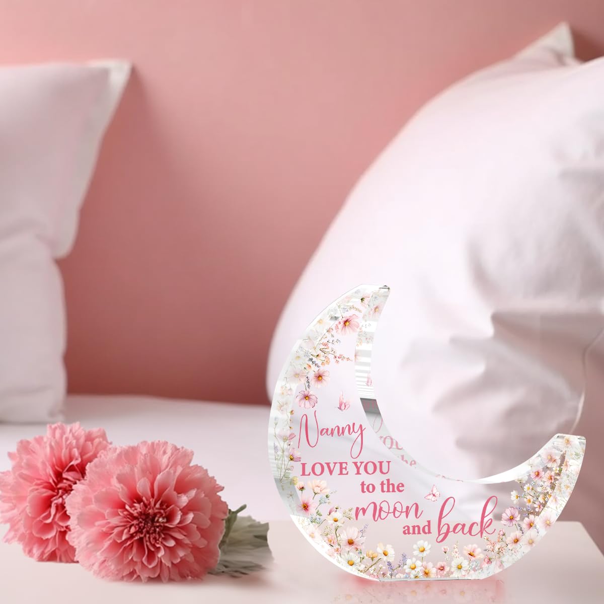 Nanny Gifts, Mothers Day Birthday Gifts for Grandma, Moon Acrylic Desk Decorations, Retirement Appreciation Gift for Women Granny Nana, Pink Floral Acrylic Plaque for Office Bedroom Decor
