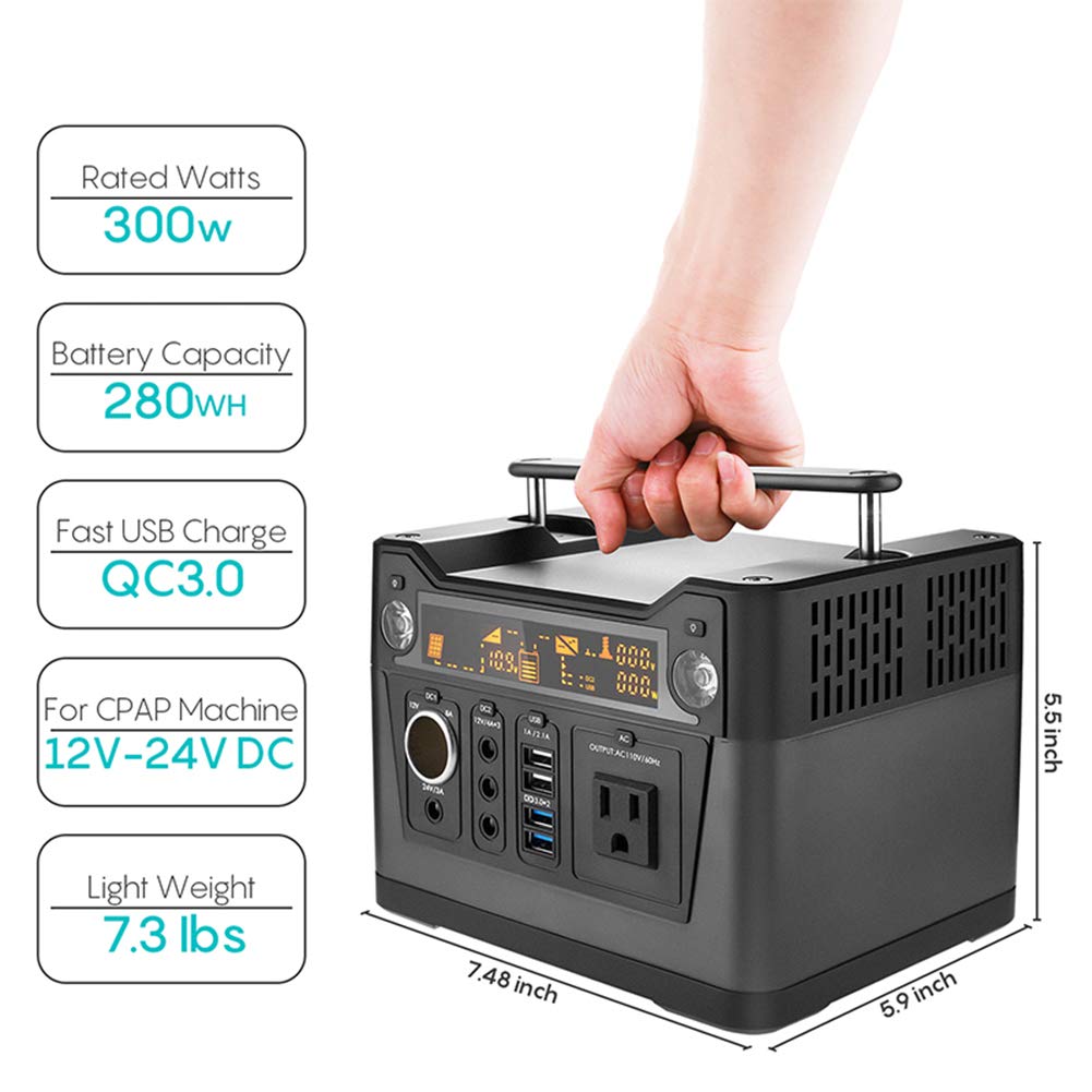 Central eléctrica portátil de 288Wh Batería de Litio Generador Solar de 300W con tomacorriente de 110V AC, QC3.0 USB, 12V / 24V DC, Linterna LED, para el hogar, al Aire Libre, Camping, Pesca