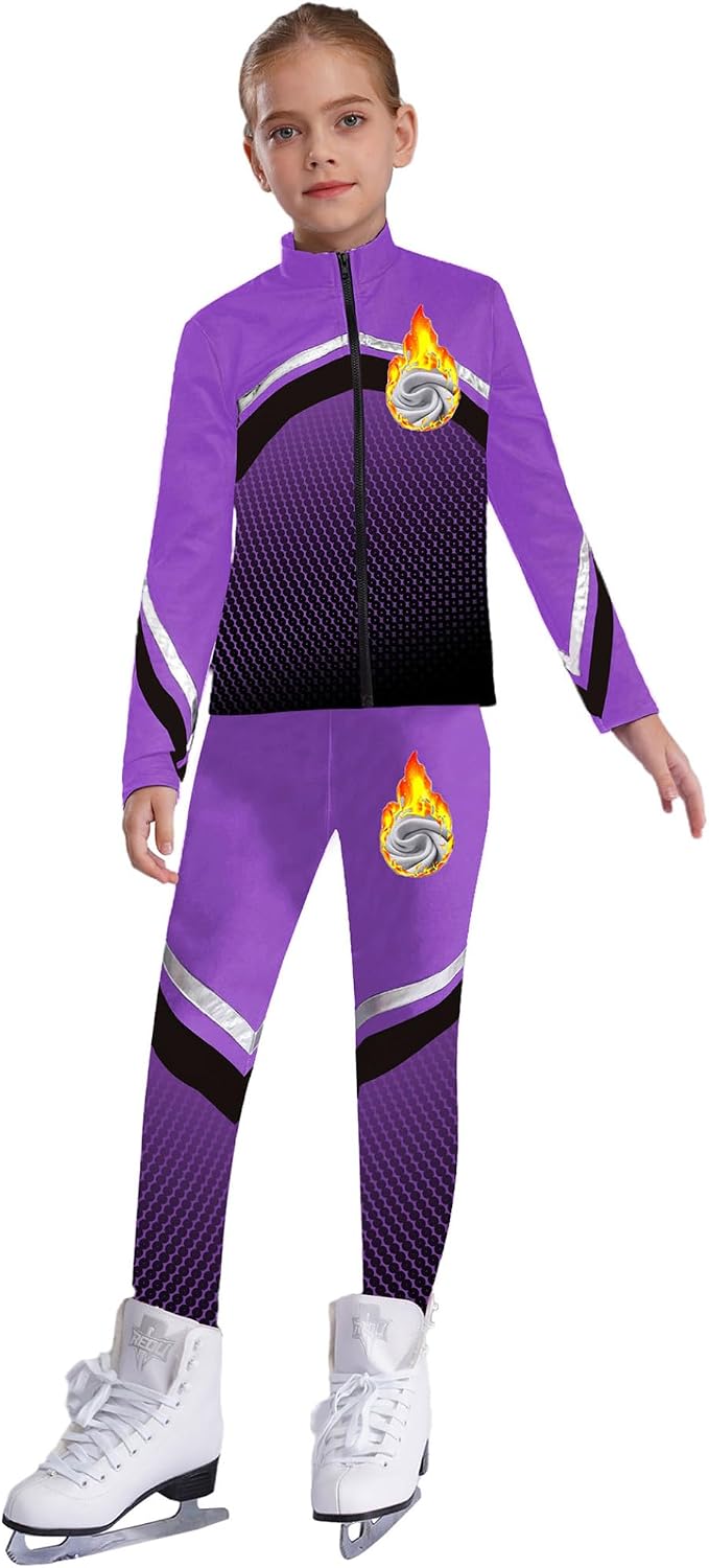 Girls Gradient Fleece Warm Tracksuit Long Sleeve Jacket with Leggings 2 Piece Figure Skating Outfits