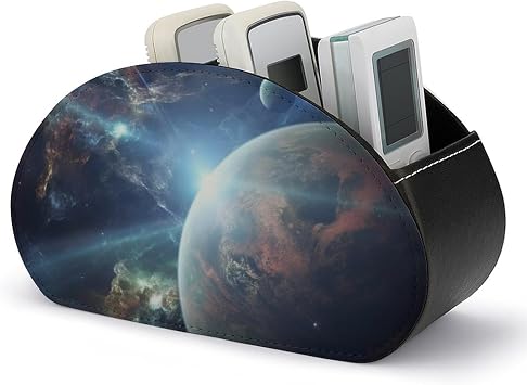 Space Planet Remote Control Holder Desk Storage Organizer Box PU Leather Remote Caddy with 5 Compartments Fashionable Pen Storage Box Modern Desktop Organizer