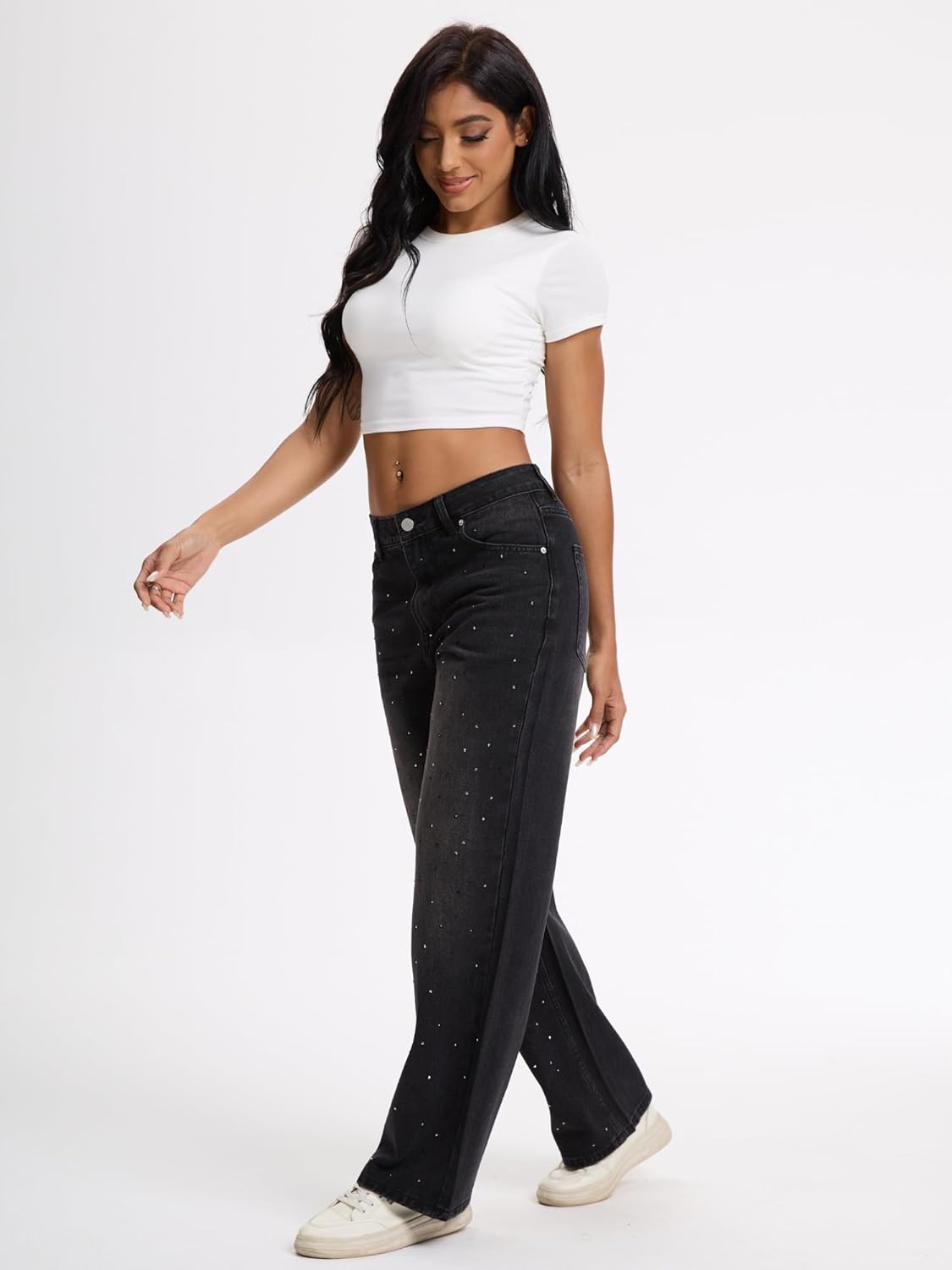 Womens Rhinestone Straight Wide Leg Jeans Vintage Wash Sparkling Baggy Denim Pants for Party Music Festival - Image 5