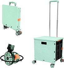 Quick Utility Cart Folding Portable Rolling Crate Handcart with Durable Heavy Duty Plastic Telescoping Handle Collapsible 4 Rotate Wheels for Travel Shopping Moving Luggage Office Use (Green)