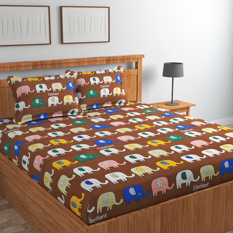 NHD HOME Premium Cotton Flat Double Bedsheets with 2 King Size Pillow Covers | Double Bed Breathable | Wrinklefree | Ultrasoft 220 tc Supersoft Floral | 90 x 90 Inches, Tradtional Brown| TC – 220