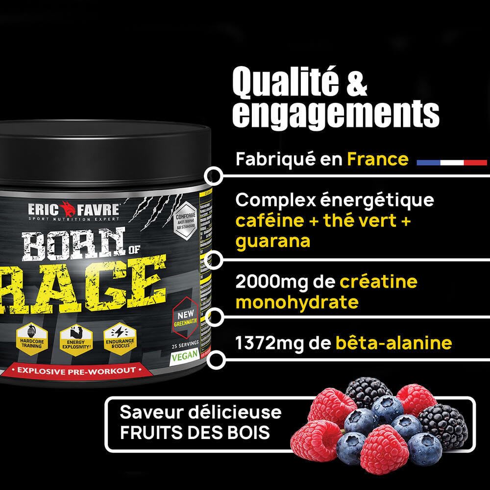 PRE- WORKOUT Born Of Rage - Polvere esplosiva vegana - Miglioramento muscolatura - Energia e resistenza - Anti fatica per allenamenti intensivi - Lotto di 2 x250 g - Laboratorio francese Eric Favre