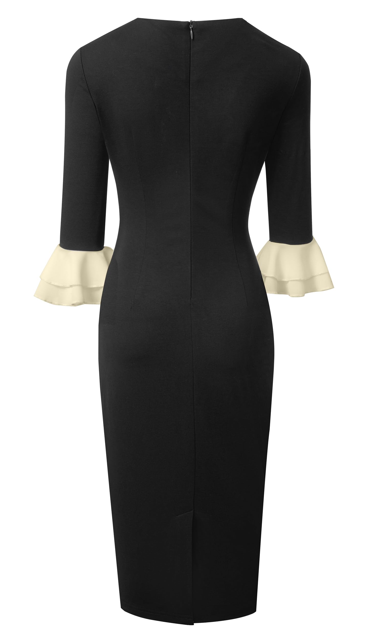 HOMEYEE Damska sukienka ołówkowa z okrągłym dekoltem 3/4 rękawy falbanki sukienka wieczorowa sukienka ołówkowa retro bodycon midi sukienka koktajlowa sukienka kopertowa B800