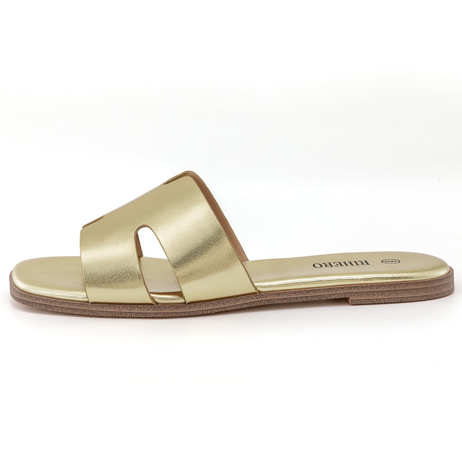 Rihero Women's Dressy Flat Sandals Comfortable Slip On Leather Slide Sandals: 11 Gold