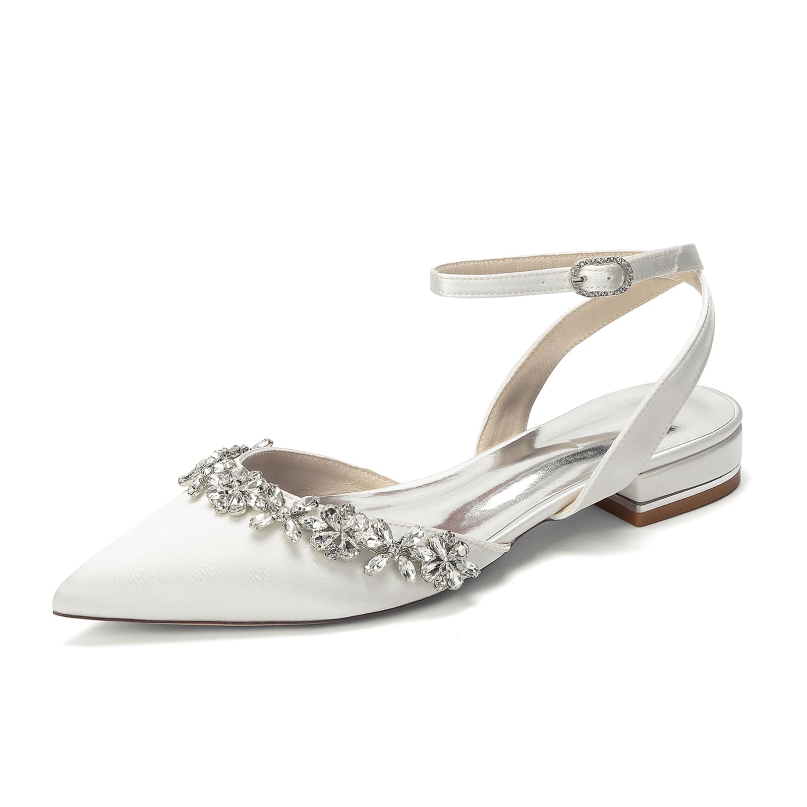 Scarpe da Sposa Basse Slingback in Raso a Punta con Strass - Eleganti Ballerine con Tallone Scoperto per Cerimonia e Invitata Matrimonio