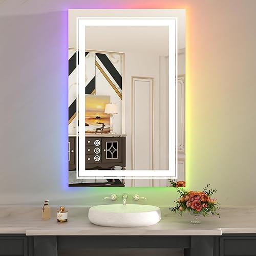 Espejo de baño LED de 24 x 32 pulgadas con retroiluminación RGB y 3 luces frontales, espejo LED regulable continuo para baño, espejo de tocador de