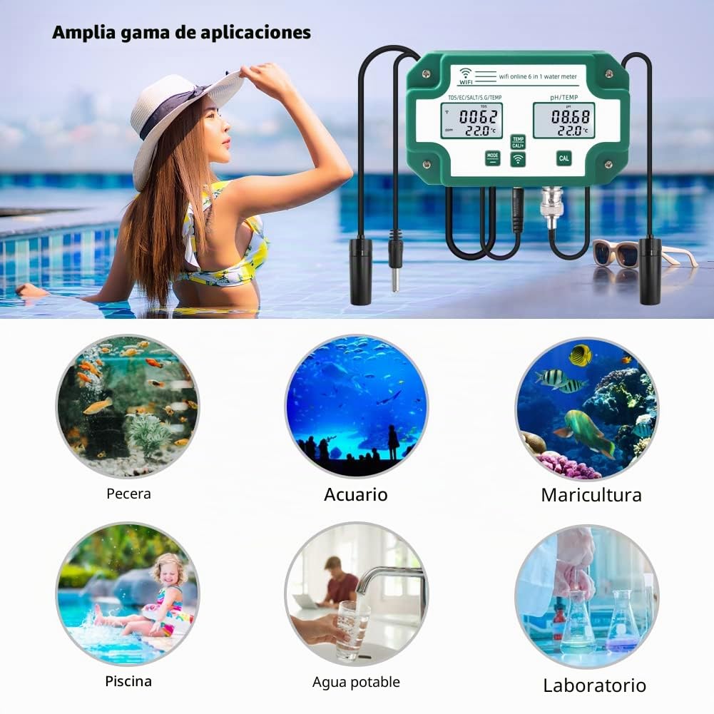 Probador de calidad del agua 6 en 1 WiFi Multiparámetro Monitor de calidad del agua PH digital/Sólidos disueltos totales/EC/S.G/Sal/Medidor de temperatura para Acuario