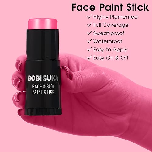Miniatura 2 de BOBISUKA Palo de pintura facial y corporal rosa, impermeable, ojos rosados, negro, para deportes, kit de pintura facial para Halloween, maquillaje
